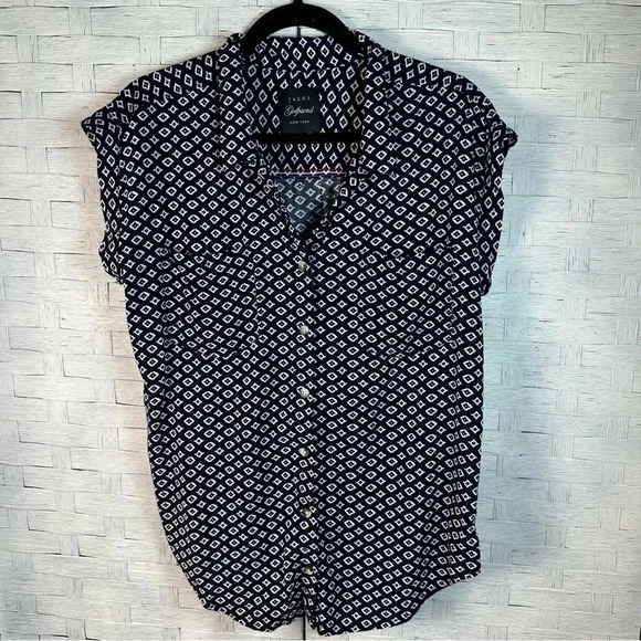 JACHS Girlfriend Tops - Jacks Girlfriend button down blouse navy white roll sleeve casual feminine